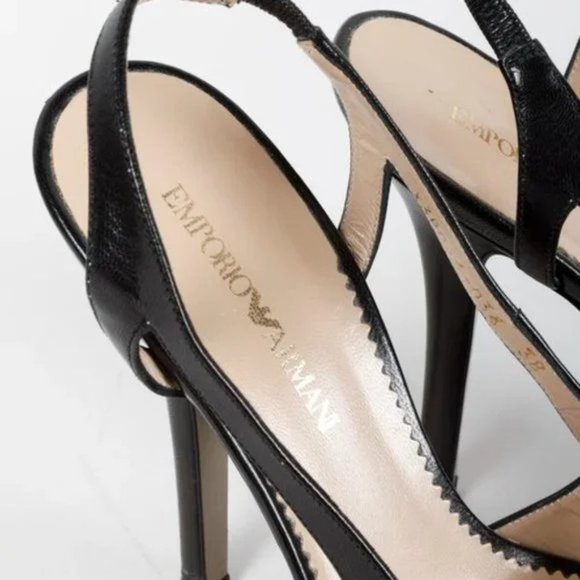 Emporio Armani Black Leather Platform Peep Toe Heels - Picture 9 of 10